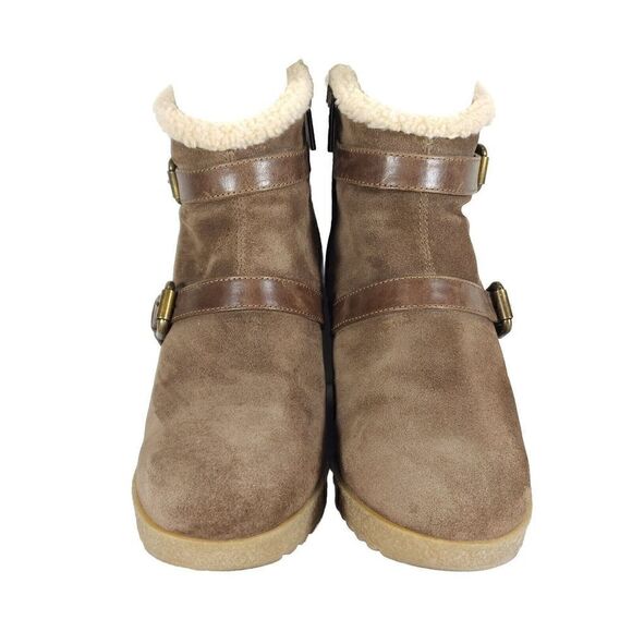 Aquatalia Women's US9 Brown Suede Leather Fur Lined Strappy Wedge Booties - Picture 3 of 13